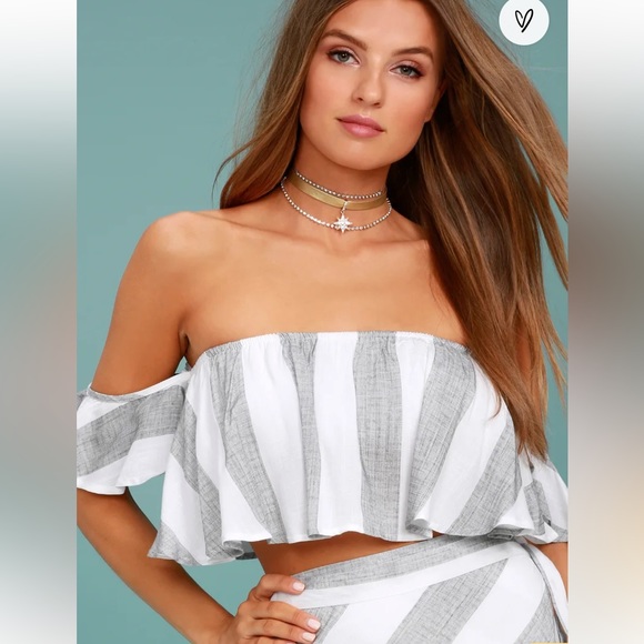Lulus Grey and White Striped Off-the-Shoulder Crop Top and skirt - Picture 5 of 6
